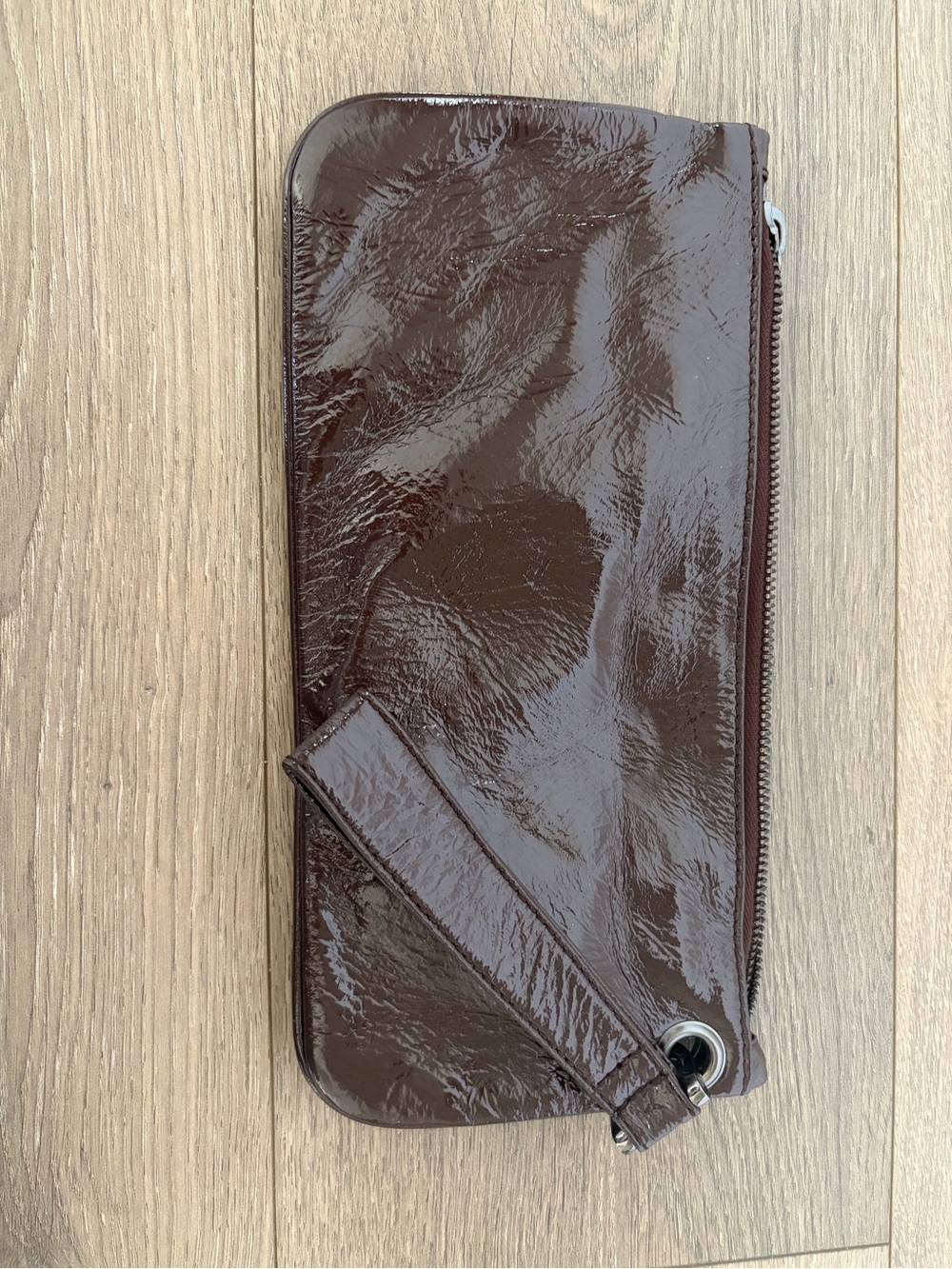 Brown Patent Leather HOBO Wristlet Clutch